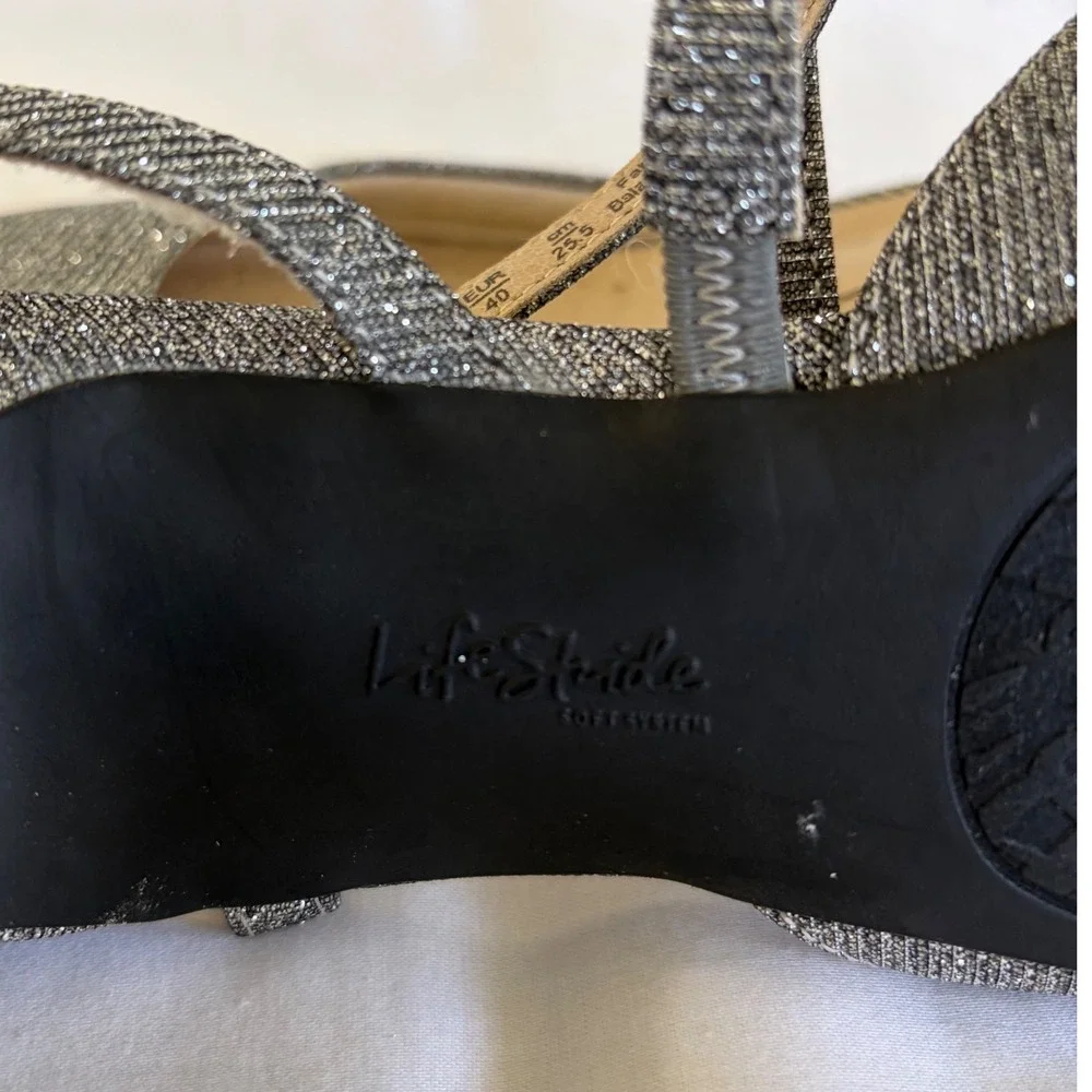LifeStride Silver Glitter Slingback Block Heel Pointed Toe Shoes 9W Minimalist